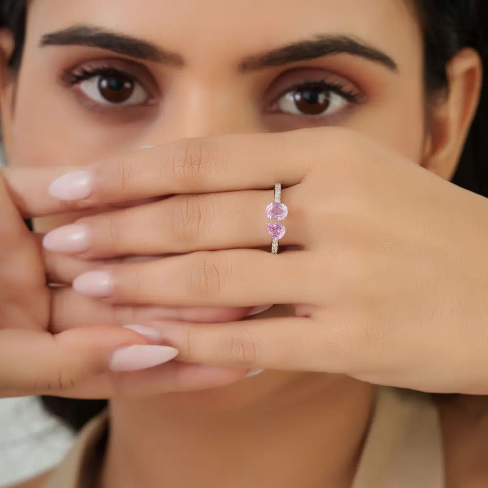 Best Selling Pink Sapphire & Diamond Pure 14K White Gold Toi et Moi Open Stackable Ring