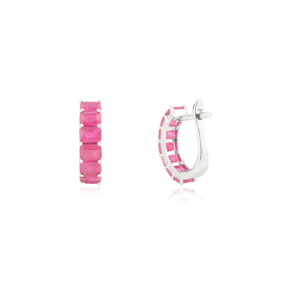 High Quality Genuine Ruby Small Hoop Earrings Anniversary Gift Solid 14K White Gold Jewelry