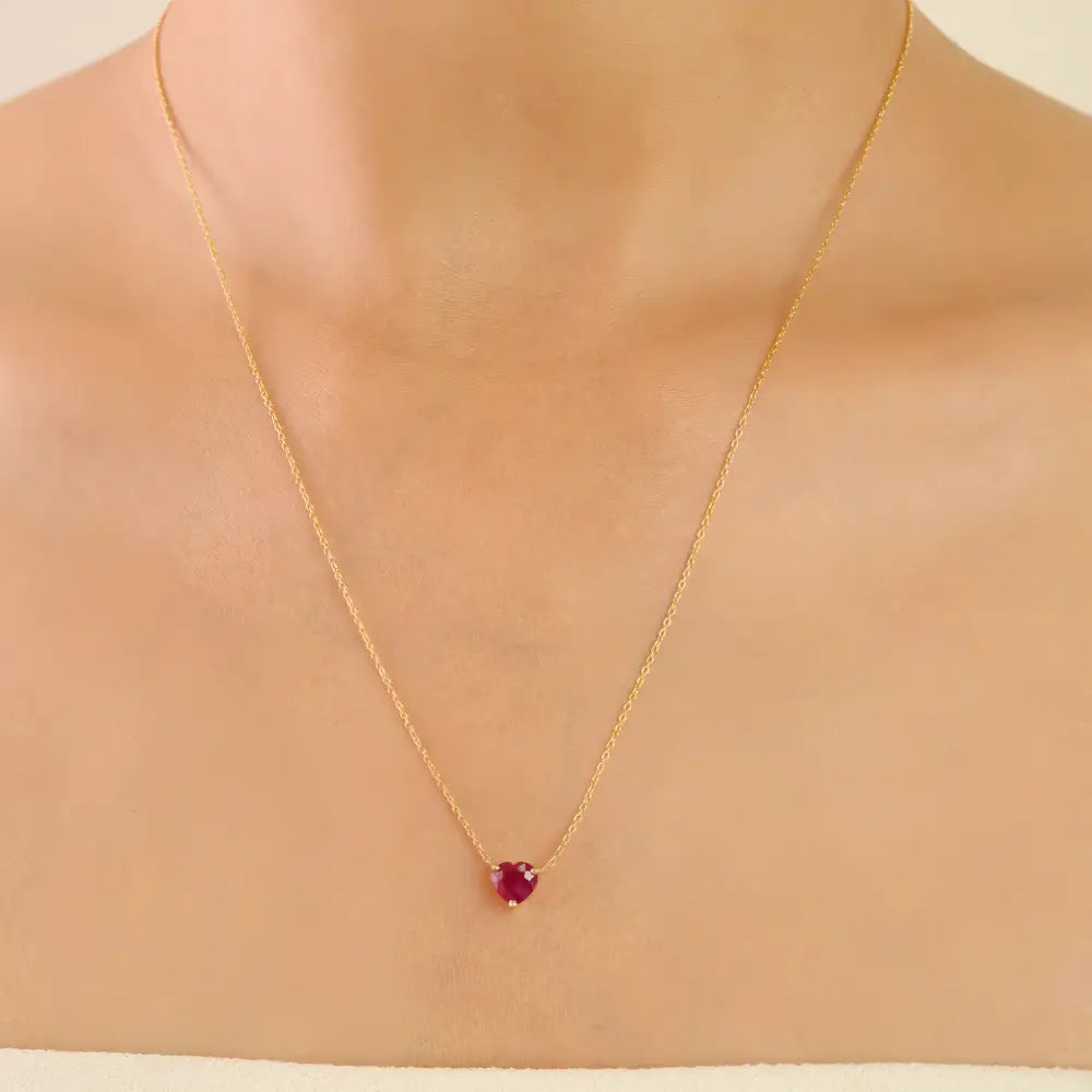 Minimalist Design Heart Shape Ruby Pendant Necklace Valentine's Day Gift 14K Real Gold