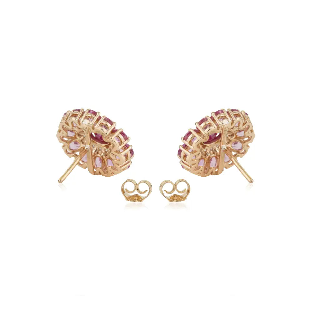 Ruby Pink Sapphire & Diamond Statement Floral Shape Halo Stud Earrings 14K Pure Yellow Gold