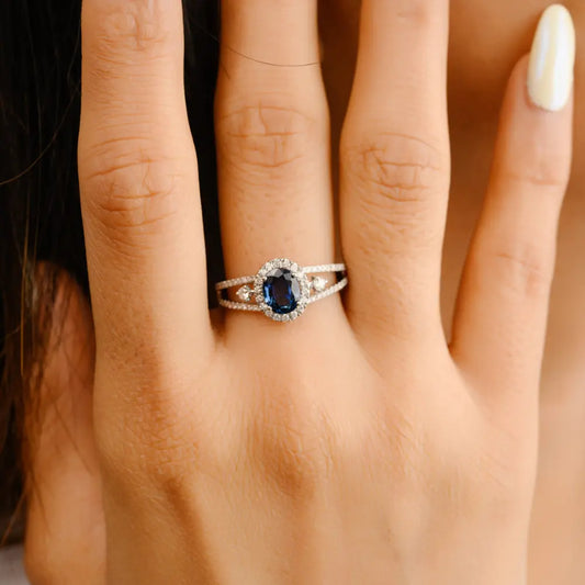 Best Selling Product Natural Blue Sapphire & Diamond 18K Solid White Gold Sparkling Ring