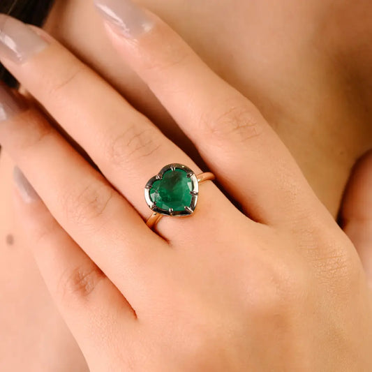 2.37 Ct. Emerald Black Rhodium Plated Heart Shape Ring Proposal Jewelry 18K Solid Yellow Gold