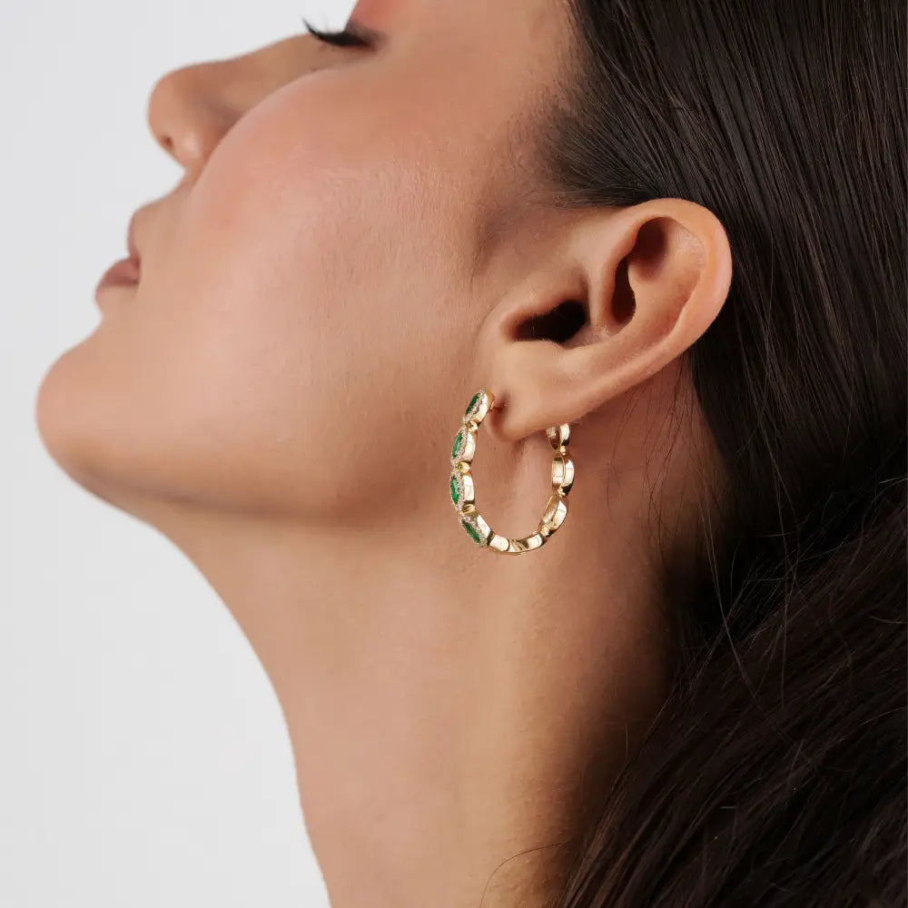 Latest New Arrivals 14K Yellow Gold Emerald & Diamond Statement Hoop Earrings For Wedding
