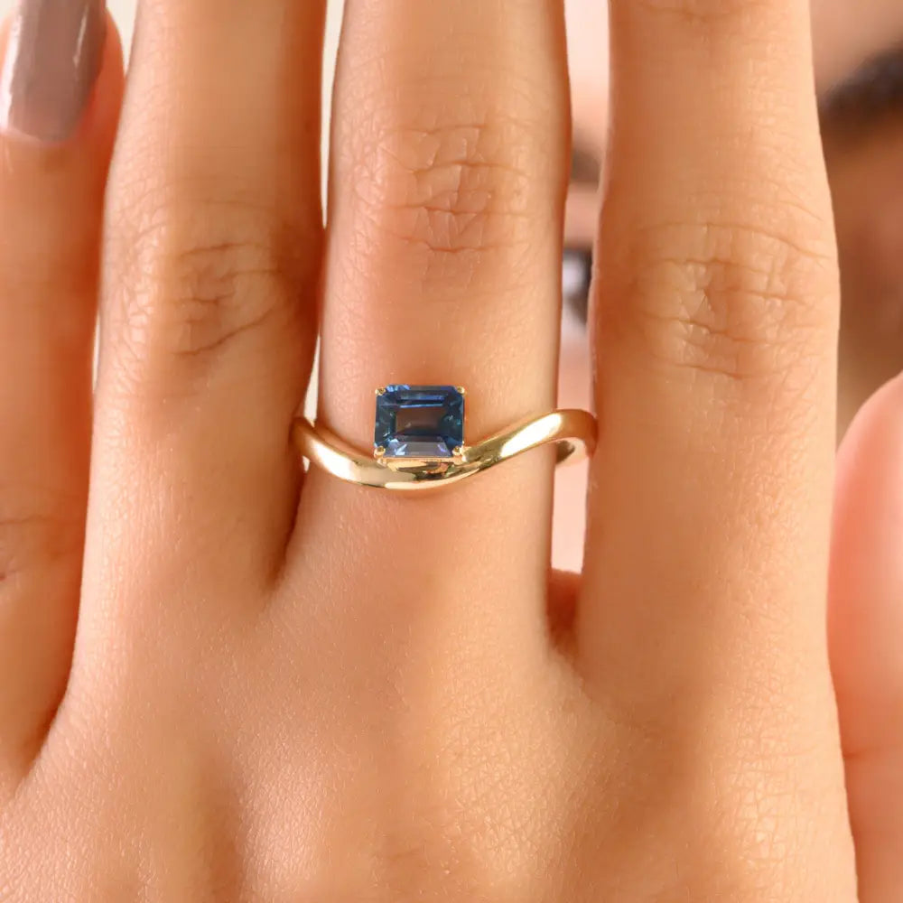 Dainty Simple Design Blue Sapphire Prong Set Wavy Band Ring 14K Real Yellow Gold Jewelry