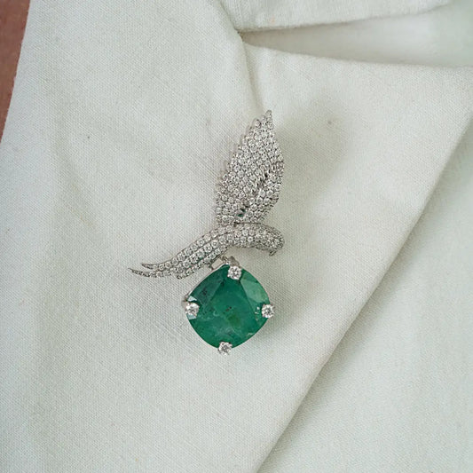 Nature Inspired Zambian Emerald & Diamond 14K White Gold Flying Bird Brooch For Wedding