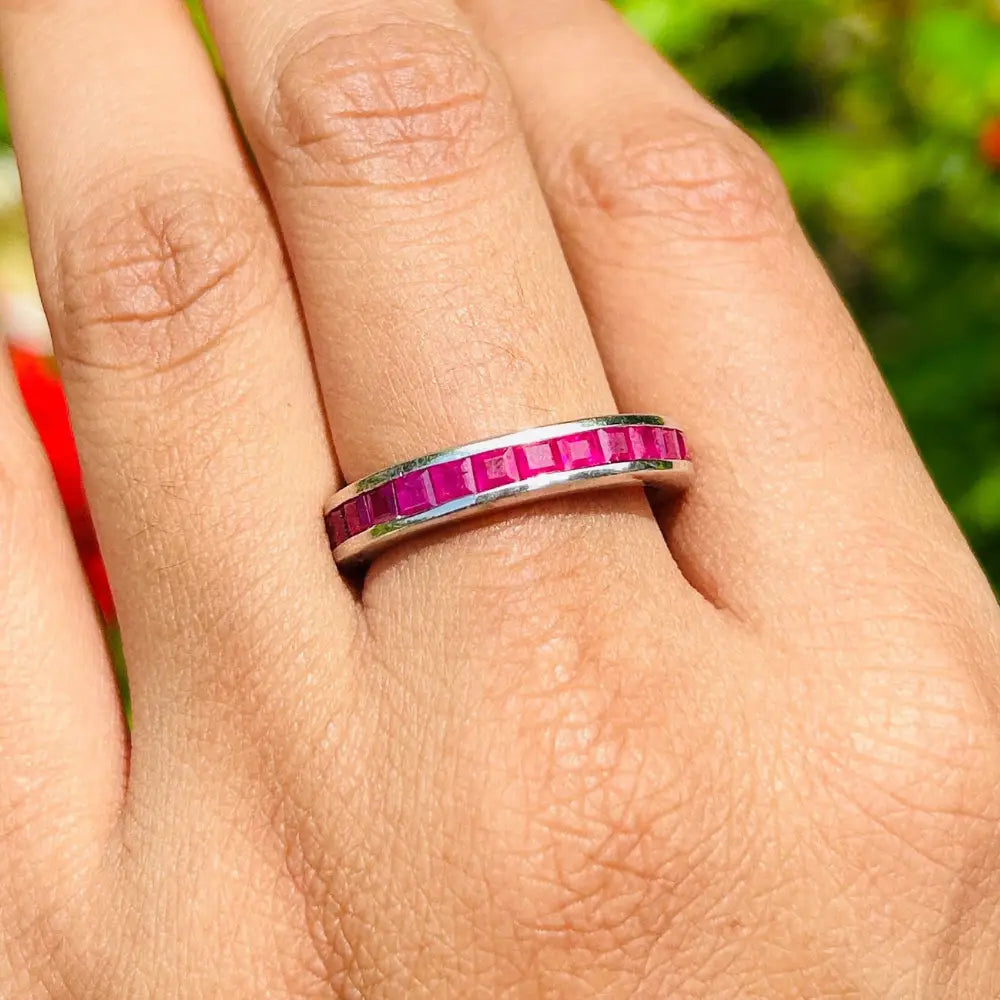 Square Cut Ruby Full Eternity Band Ring Set In Channel Setting Precious Gemstone Jewelry