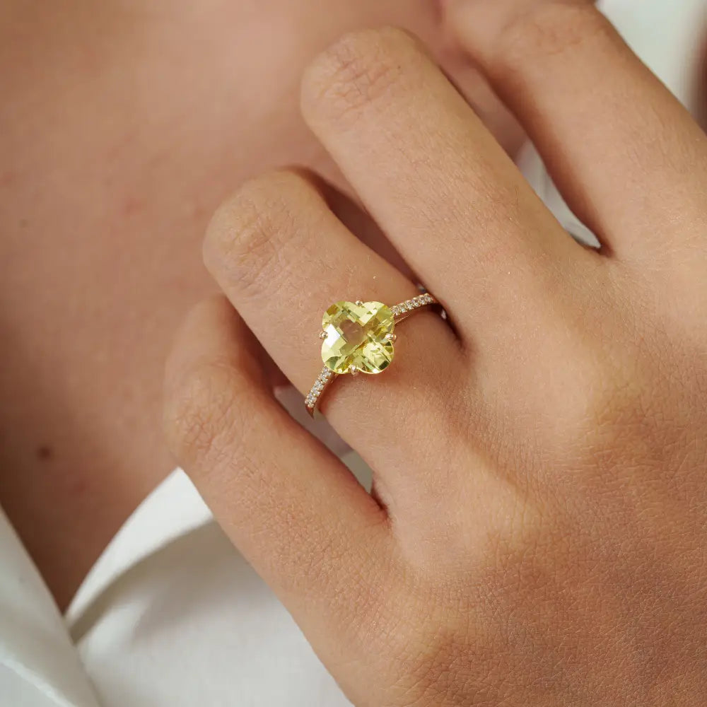 Semi Precious Gemstone Lemon Topaz & Diamond Flour Leaf Clover Shape Ring 14K Gold