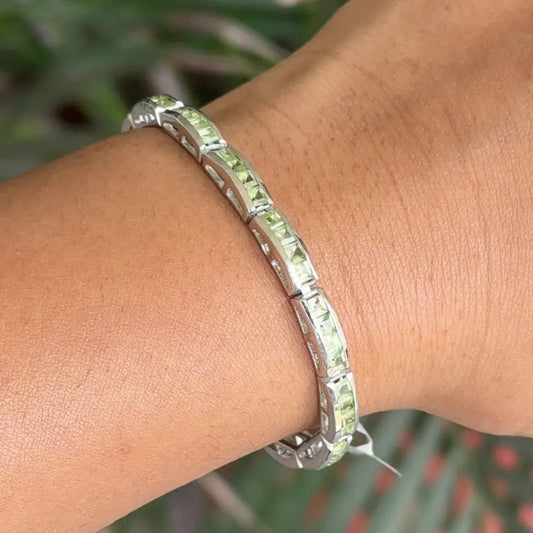 August Birthstone Square Cut Peridot Tennis Bracelet Set In Bezel Setting 925 Sterling Silver