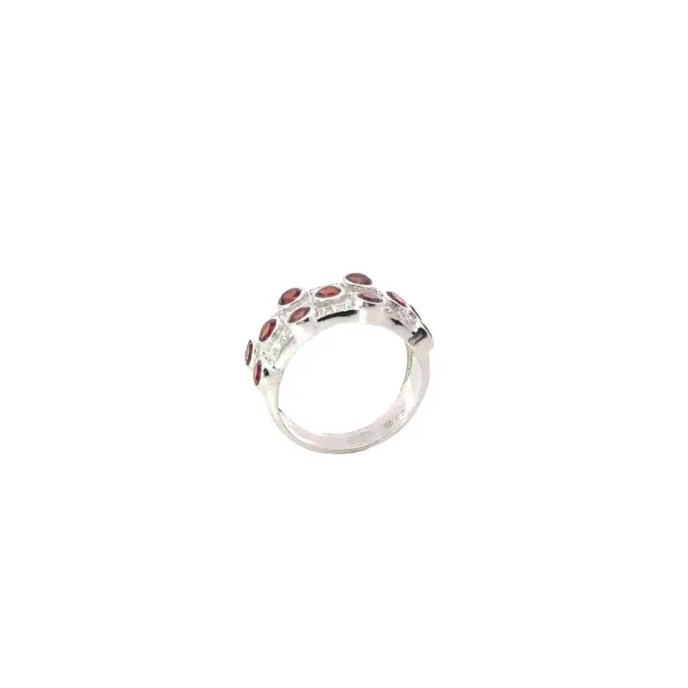 Explore Exquisite Jewelry Round Cut Garnet & American Diamond Wedding Band Ring Set In Bezel Setting