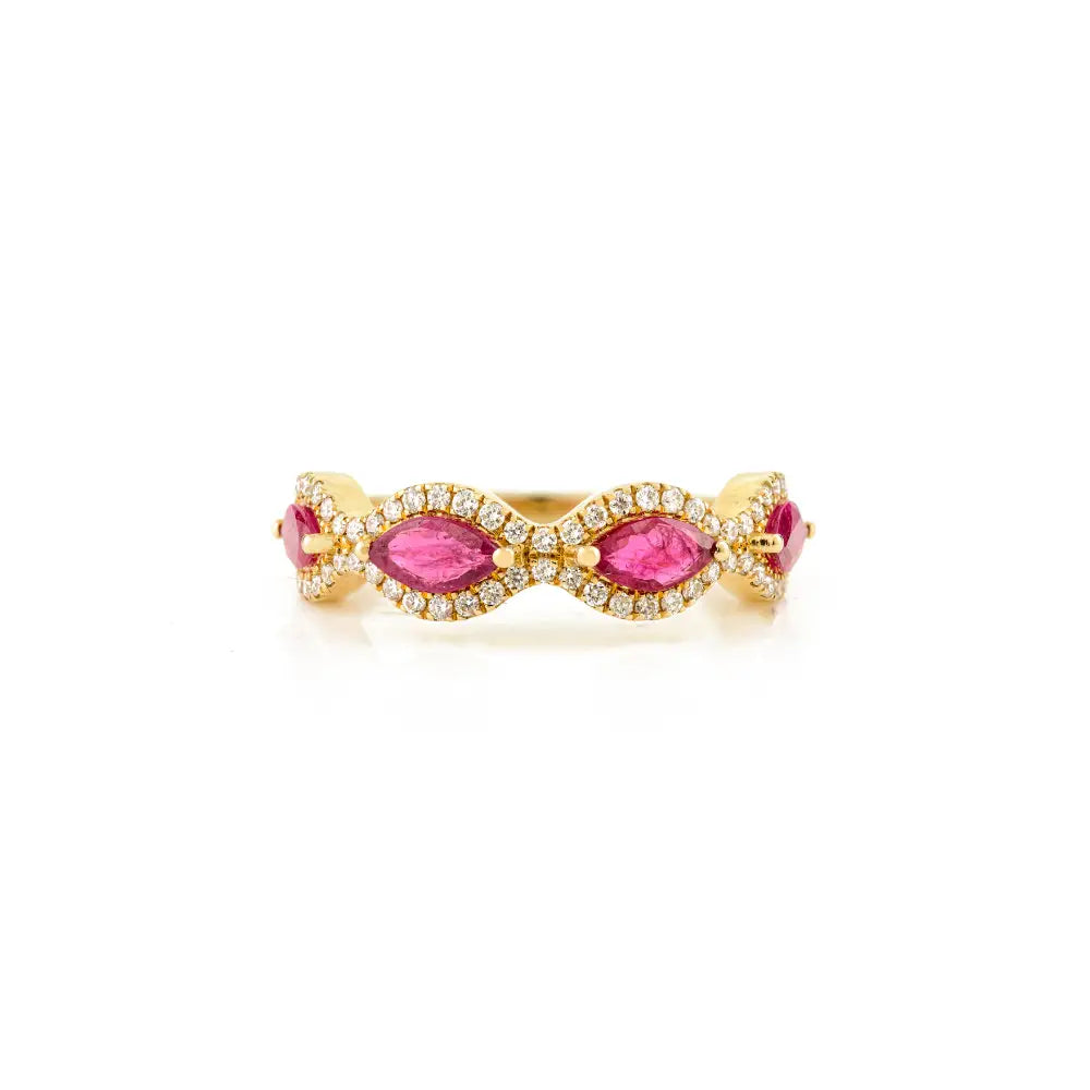 Best Selling Ruby & Diamond Half Eternity Band Ring Real K14 Yellow Gold Unique Jewelry