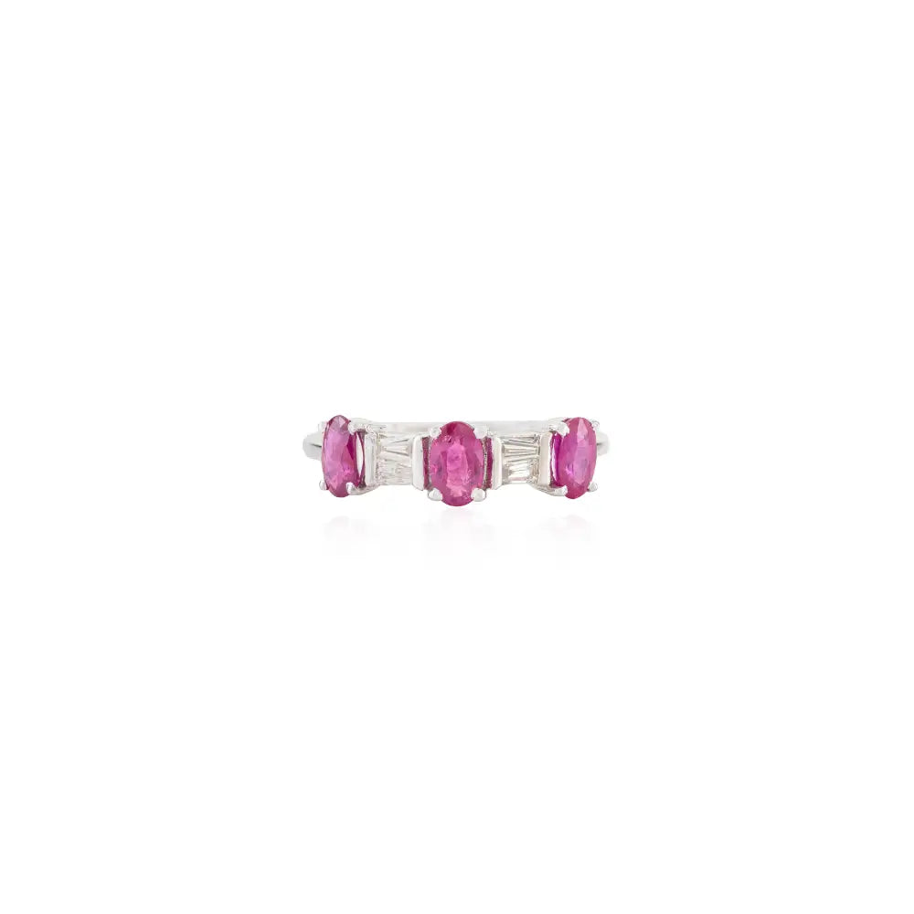 July Birthstone Ruby & Diamond Three Stone Ring Handcrafted 14K Real White Gold Jewelry