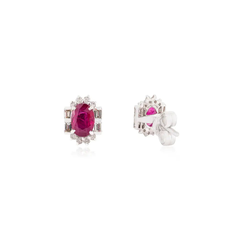 Inspired By Art Deco July Birthstone Ruby & Diamond 14K Real White Gold Halo Stud Earrings