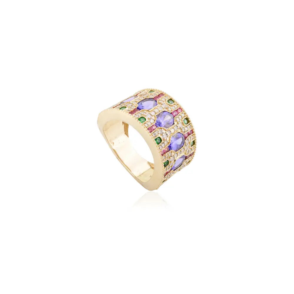 Stately 14K Solid Gold Wide Band With Genuine Multi Gemstone Ring Fine Jewelry