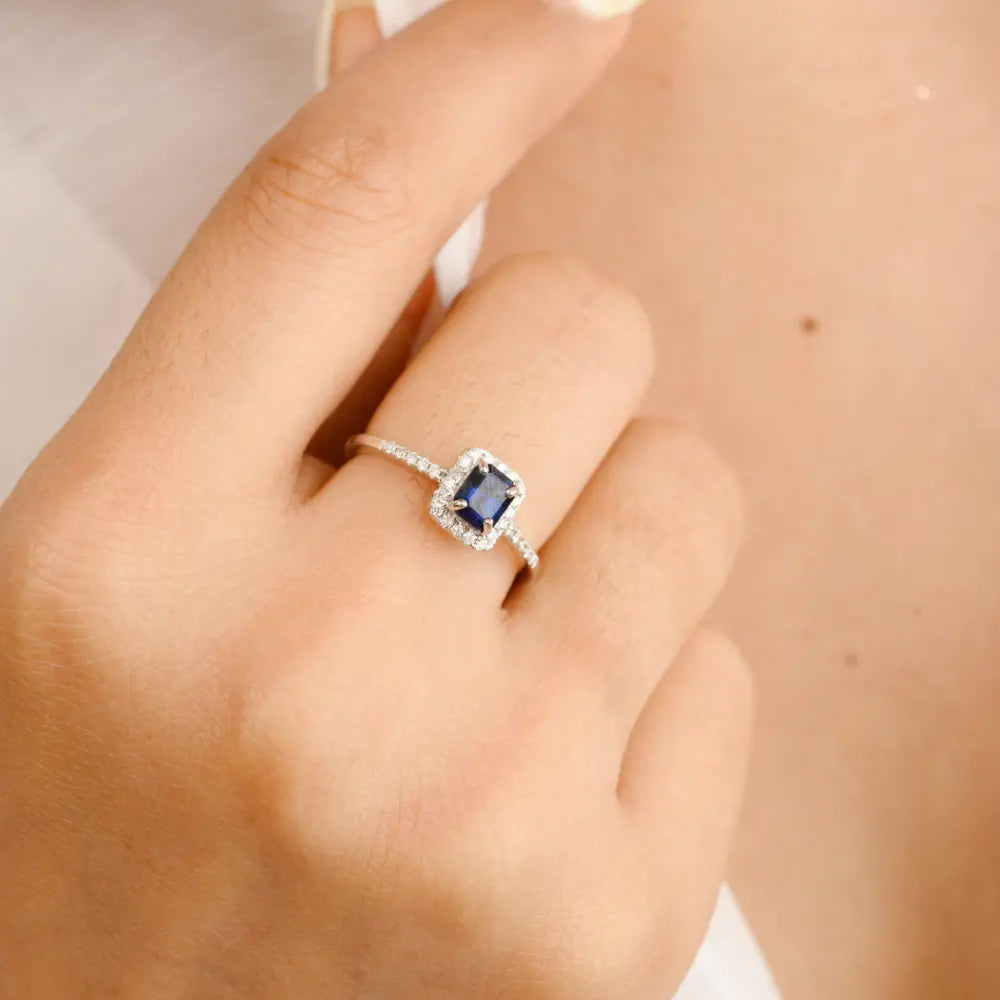 Genuine Precious Gemstone Blue Sapphire & Diamond 18K Solid White Gold Ring