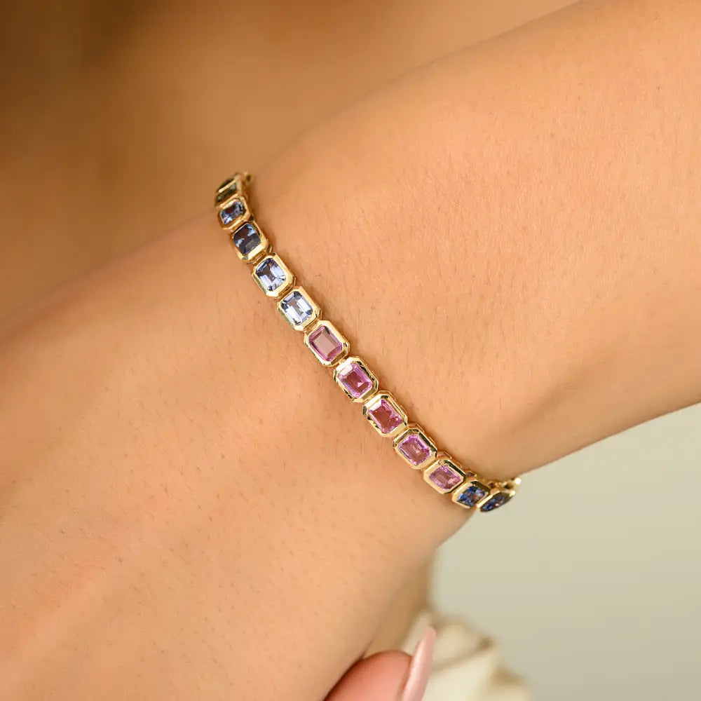 Colorful Gemstone Multi Sapphire 14K Solid Yellow Gold Tennis Bracelet Stack Jewelry