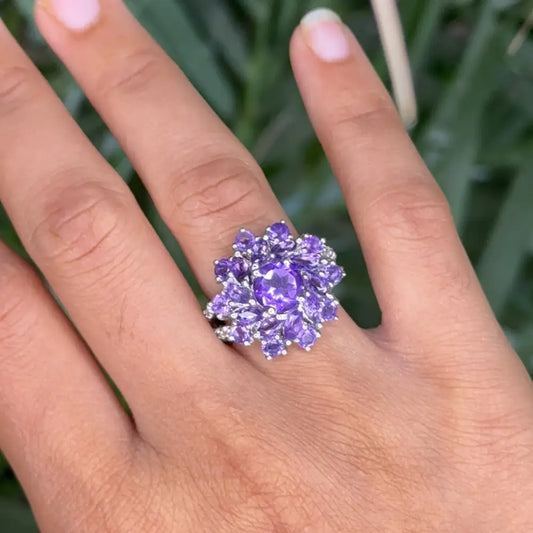 Gorgeous Purple Amethyst Cocktail Ring Set In Prong Setting High Grade Jewelry