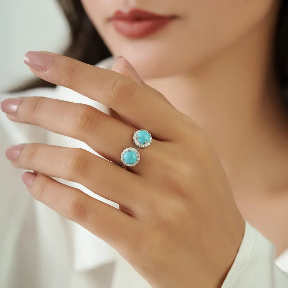 New Trendy Turquoise & Diamond Statement Open Halo Ring 14K White Gold Gemstone Jewelry