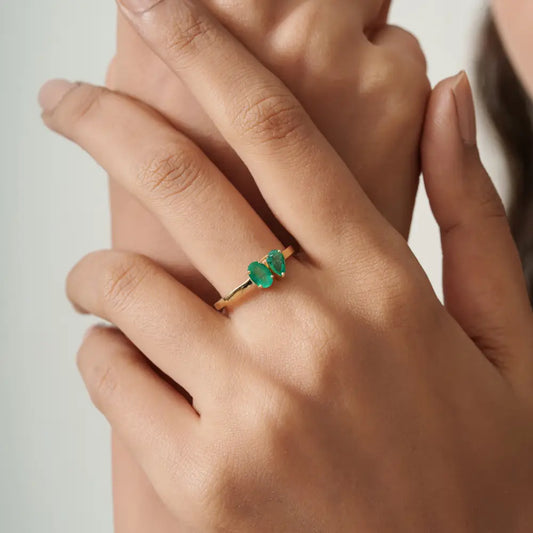 Stunning 14K Yellow Gold Real Emerald Gemstone Toi et Moi Ring Simple Everyday Wear Jewelry