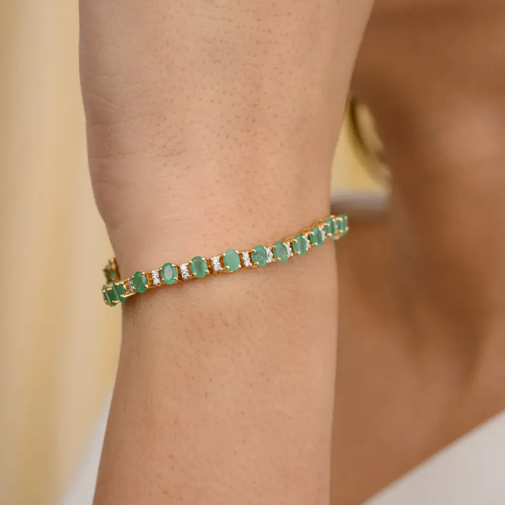 May Birthstone Natural Emerald & Diamond K18 Yellow Gold Bracelet