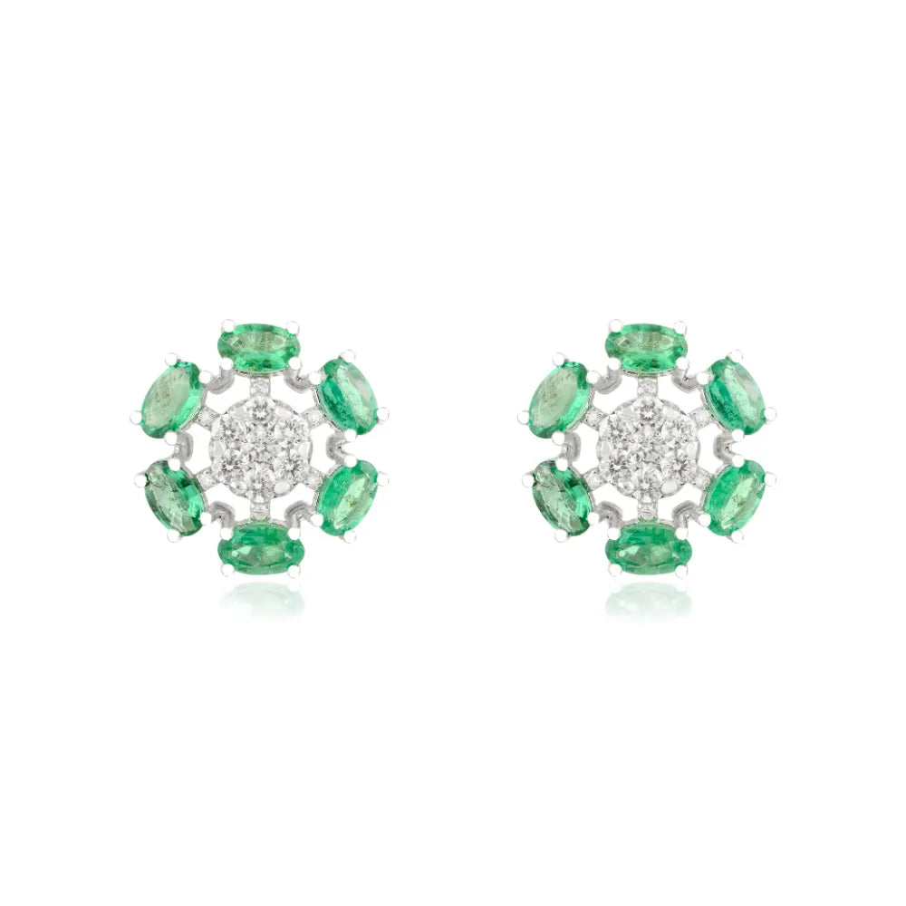 Latest Design Emerald & Diamond Flower Shape Stud Earrings Wholesale 14K Gold Jewelry