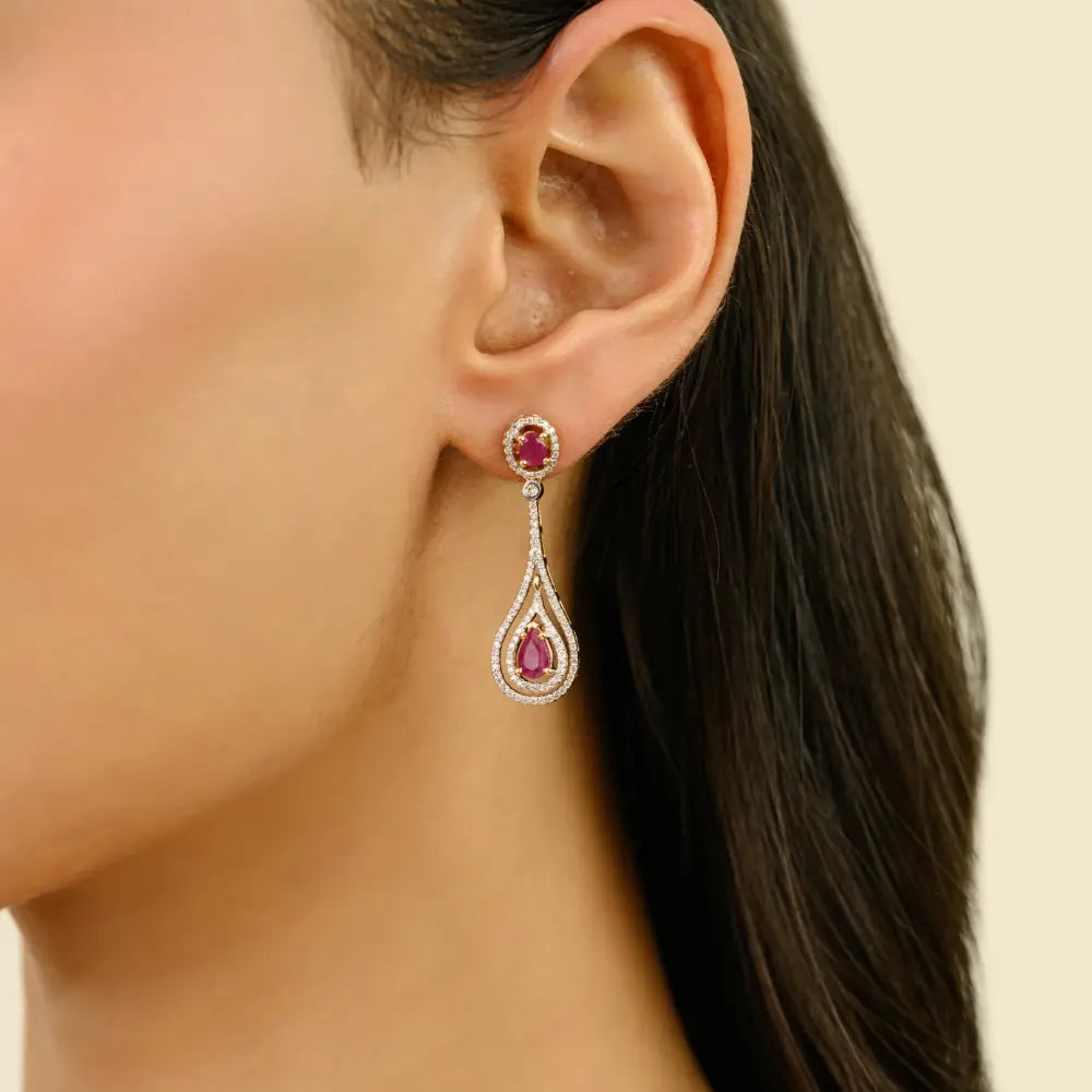 Prong Set Ruby & Diamond 18K Real Yellow Gold Teardrop Dangle Earrings July Birthstone