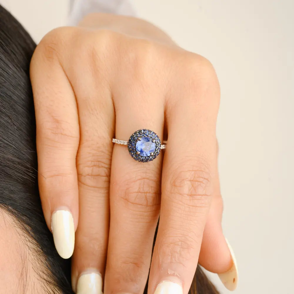 18K Solid White Gold Natural Gemstone Blue Sapphire & Diamond Ball Rings