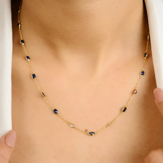 Simple Design Stackable Blue Sapphire & Diamond Station Necklace For Women 18K Gold