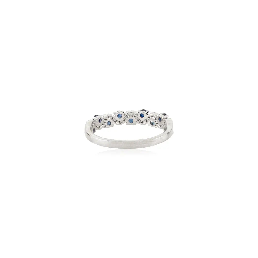 Round Cut Blue Sapphire & Diamond Wavy Shape Half Eternity Band Ring 14K Gold Jewelry