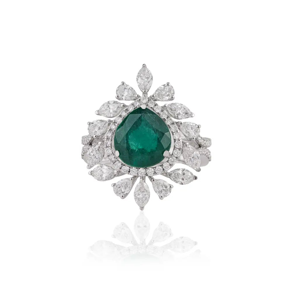 Luxurious Emerald & Diamond 18K White Gold Bold Statement Ring Bridal Wedding Jewelry