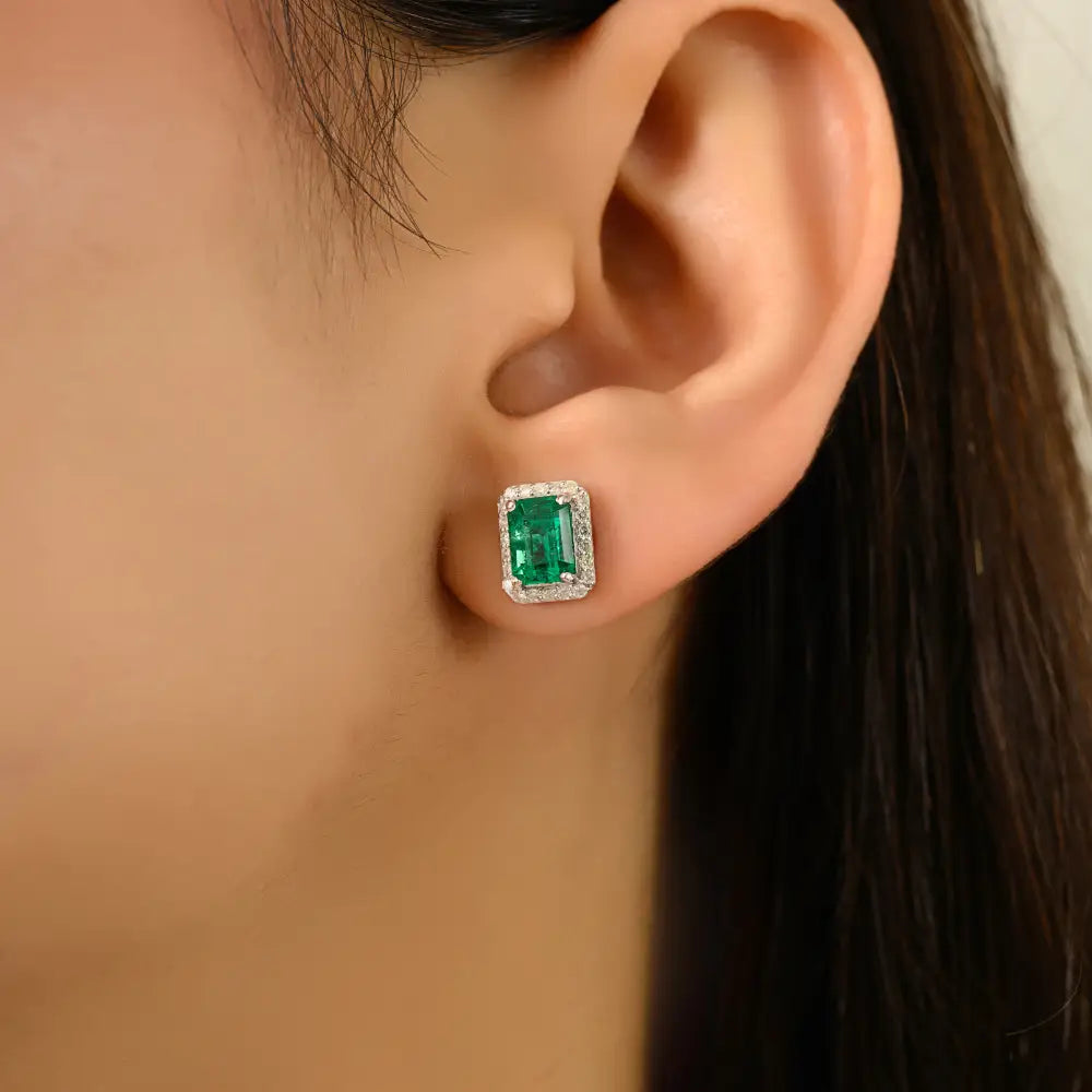 Push Back Stud Earrings In Natural Emerald & Diamond 14K Solid Yellow Gold Everyday Jewelry