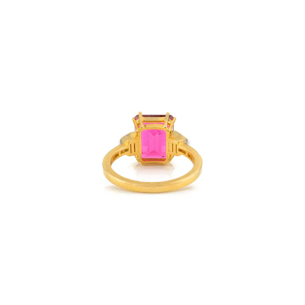 Pink Tourmaline & Diamond Double Prong Setting Wedding Ring Authentic 14K Yellow Gold
