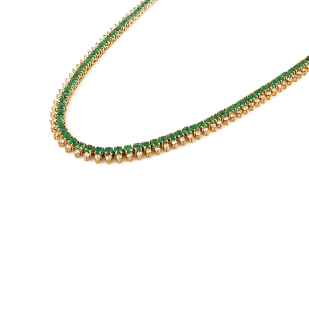 Emerald & Diamond Box Lock Tennis Necklace Unique Design 18K Yellow Gold Women Jewelry