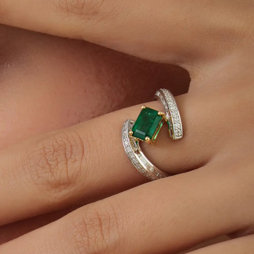 18K Solid Two Tone Gold Zambian Emerald & Diamond Statement Ring Handmade Jewelry