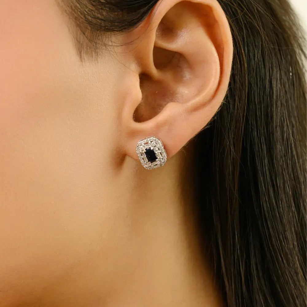 Blue Sapphire & Diamond Push Back Double Cluster Stud Earrings K14 Real White Gold Jewelry