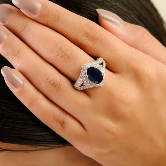 Vintage Inspired Blue Sapphire & Diamond 14K Solid White Gold Statement Ring For Wedding