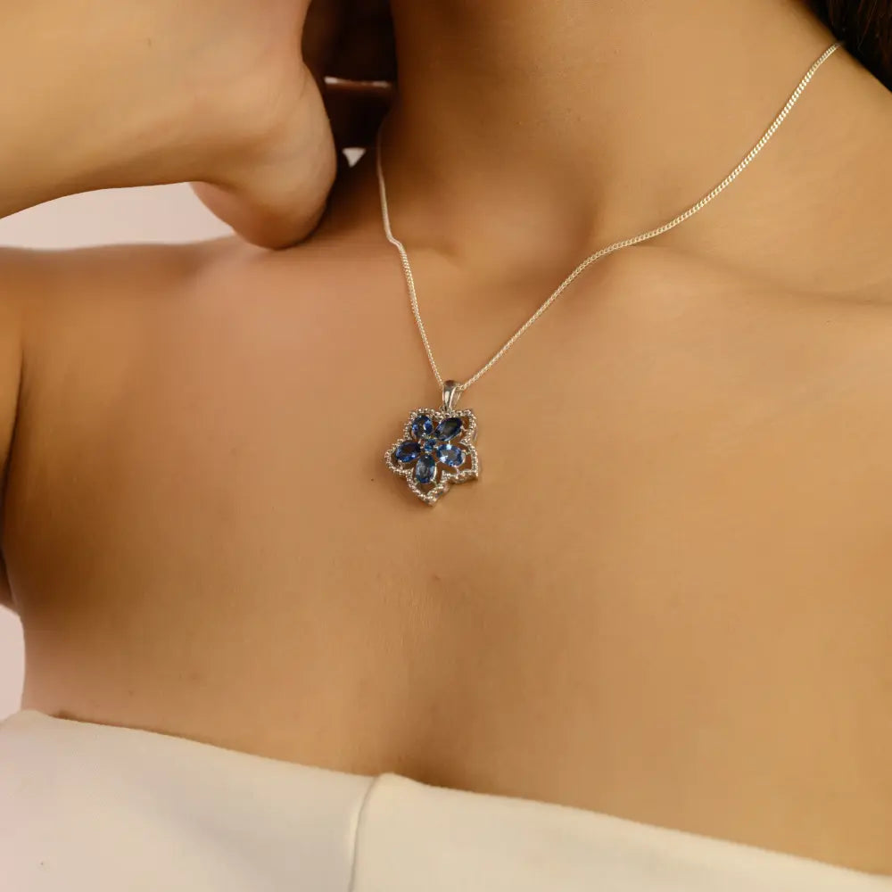 September Birthstone Authentic Blue Sapphire Floral Design Pendant 925 Sterling Silver