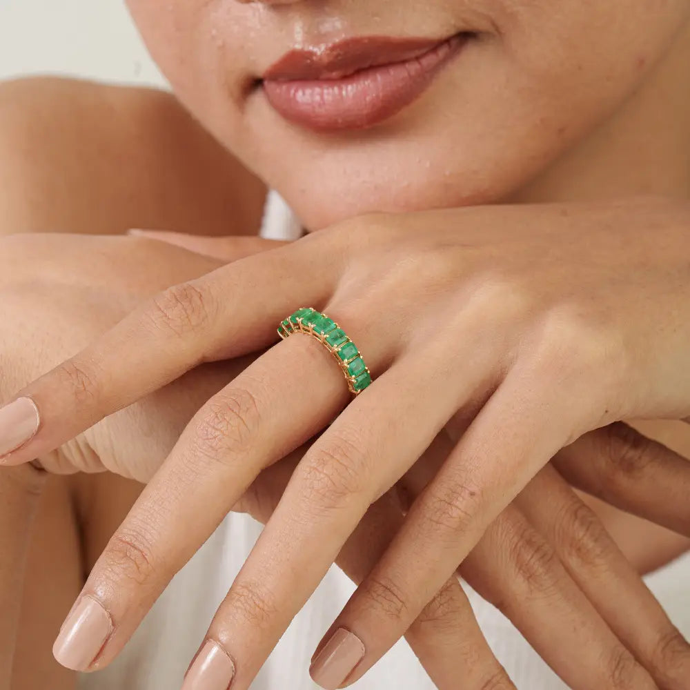 Zambian Emerald Gemstone Stacking Half Eternity Band Ring 14K Solid Yellow Gold Jewelry