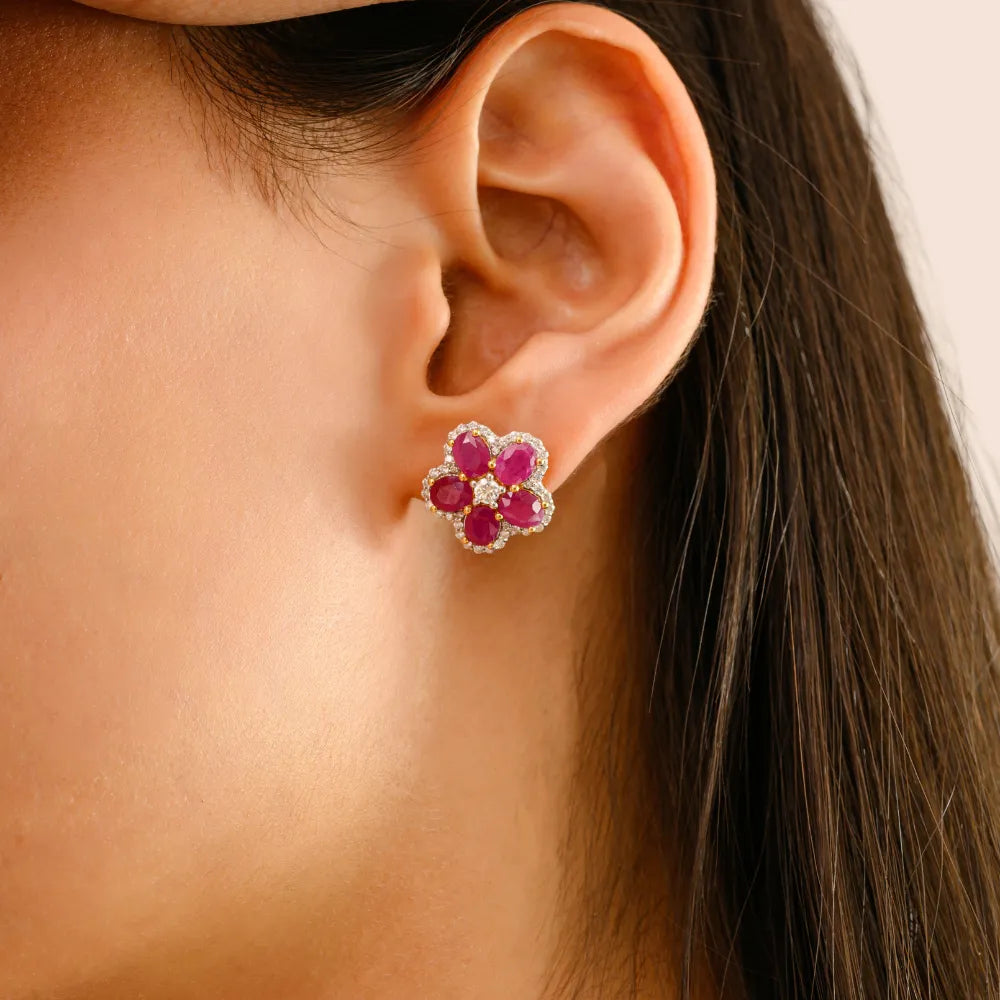 K14 Real Yellow Gold Ruby & Diamond Flower Shape Stud Earrings For Women Unique Design