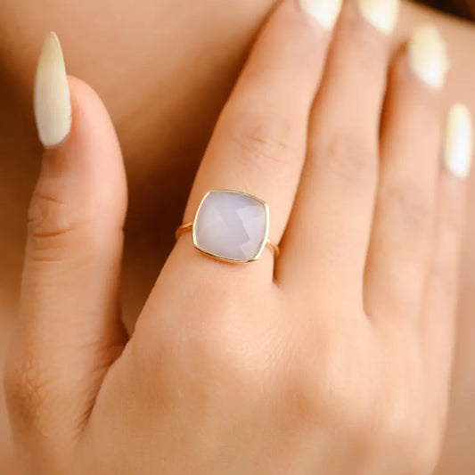 Minimal Jewelry Natural Chalcedony 14K Solid Yellow Gold Statement Ring