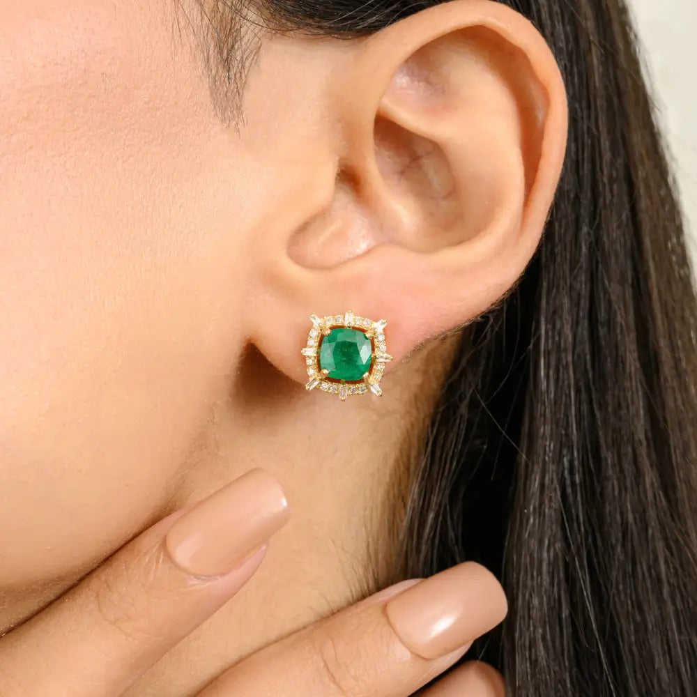 Everyday Minimalist Jewelry Natural Emerald & Diamond Stud Earrings Prong Setting