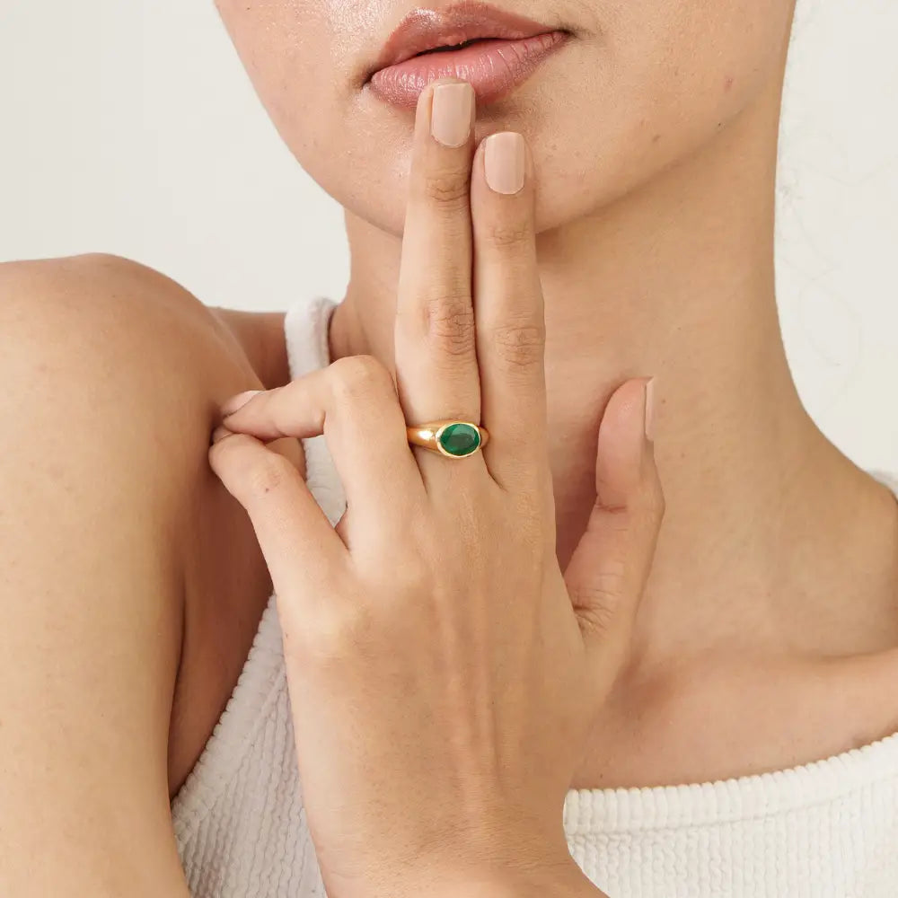18K Real Yellow Gold Emerald Fine Chunky Dome Rings May Birthstone Wholesale Jewelry