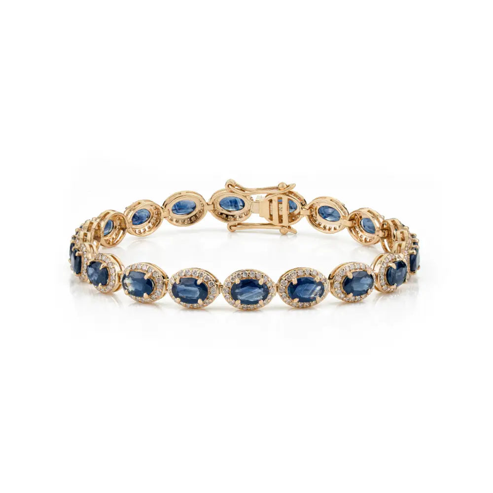 18K Solid Yellow Gold Blue Sapphire & Diamond Halo Tennis Bracelet Statement Bulk Jewelry