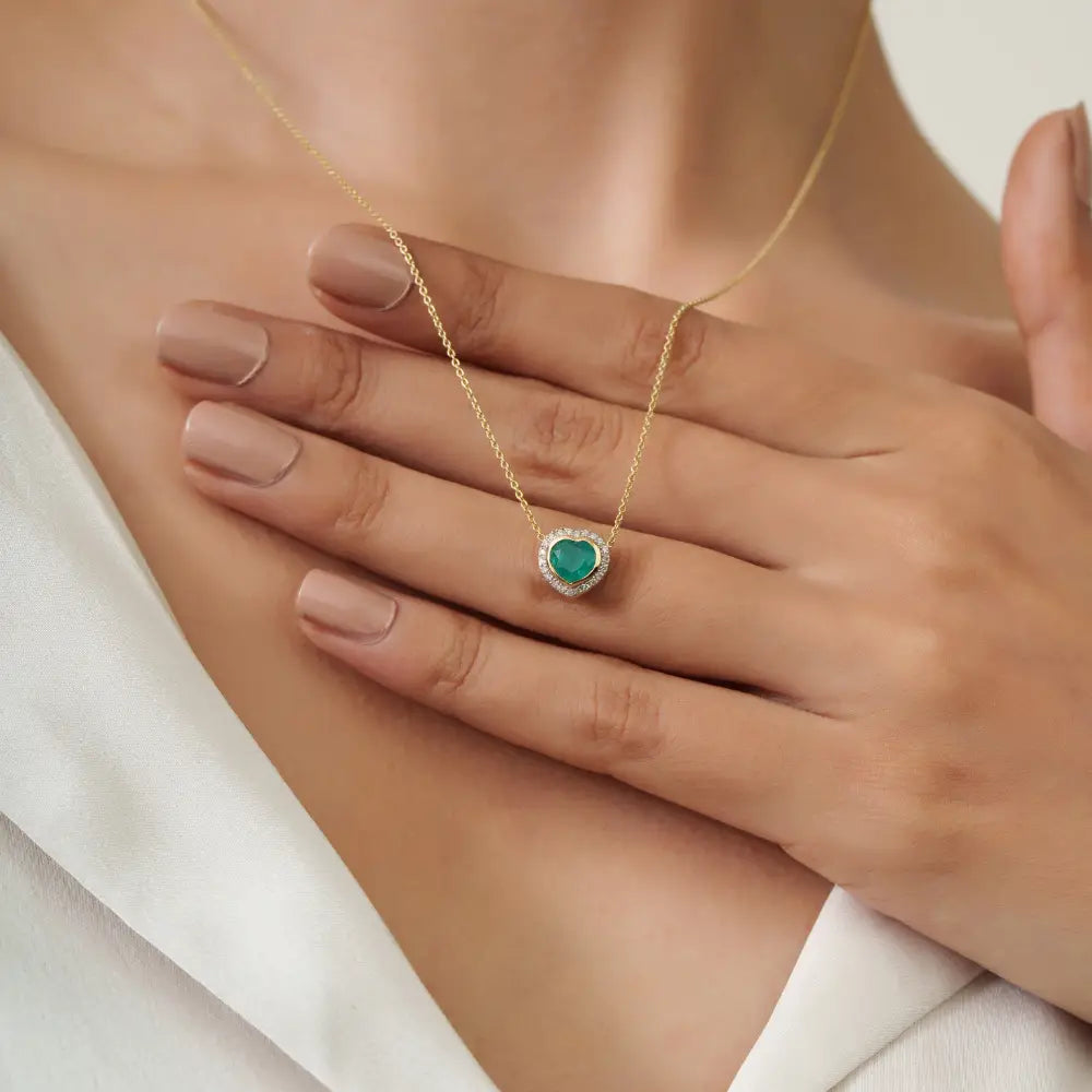 Handcrafted Design 14K Yellow Gold Emerald & Diamond Heart Shape Halo Pendant Necklace