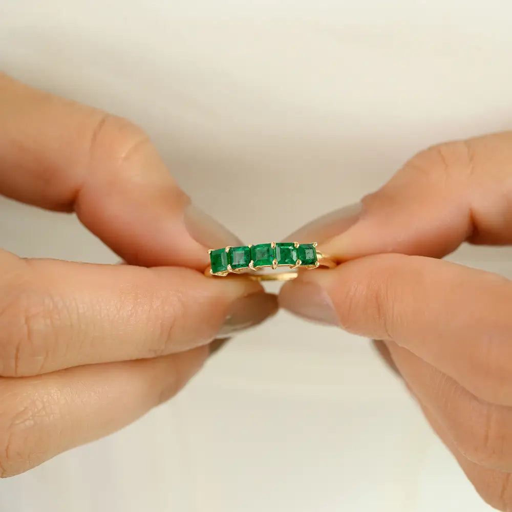 Simple Elegant Design 14K Yellow Gold Emerald Gemstone Half Eternity Band Ring Daily Wear