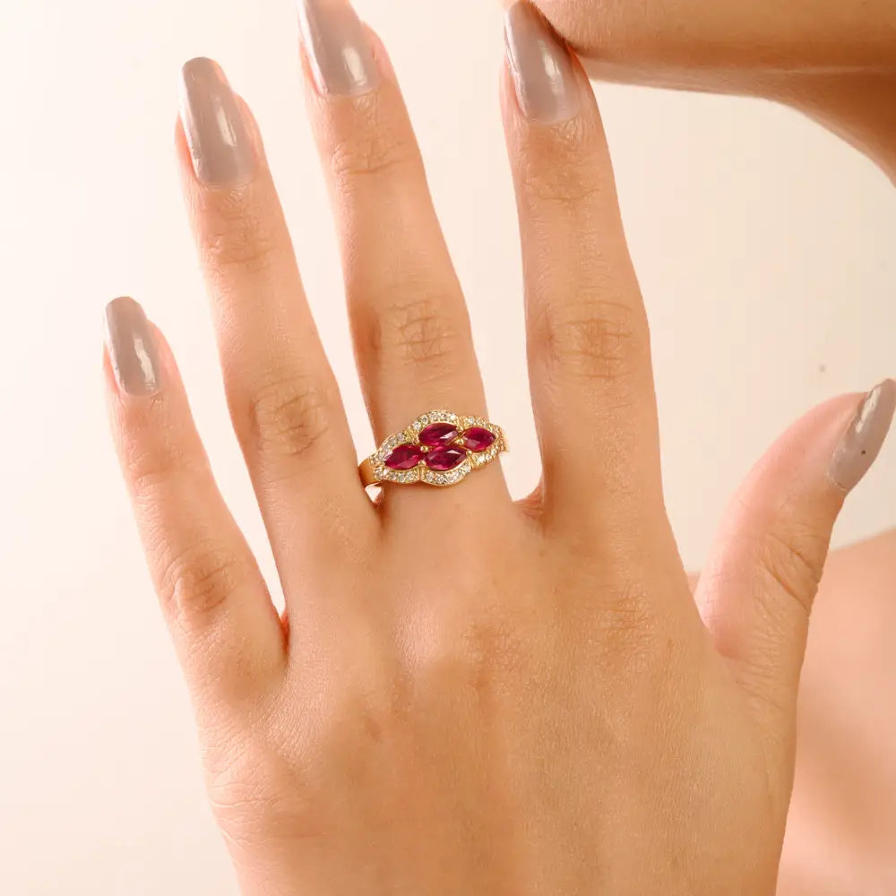 Unique Design 14K Real Yellow Gold Ruby & Diamond Vintage Gemstone Ring Wedding Gift