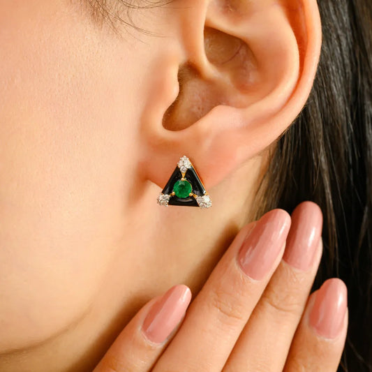 Emerald & Diamond Black Enamel Triangle Shape Stud Earrings Everyday Jewelry 14K Gold