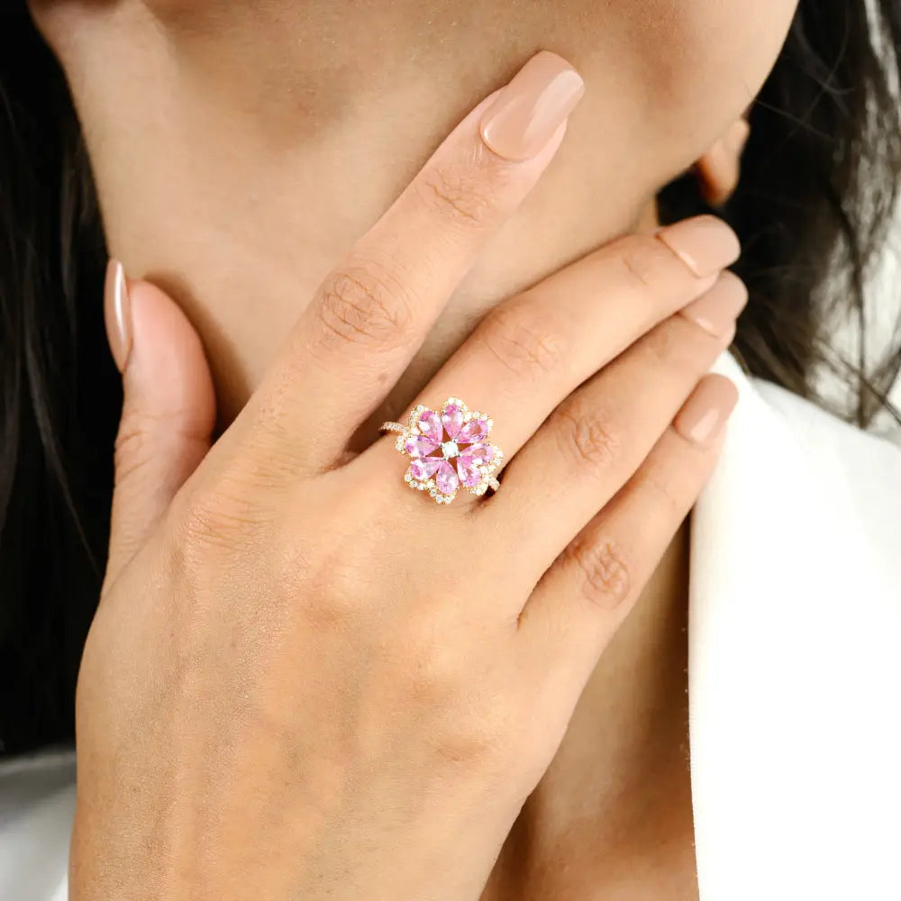 Vibrant Pink Sapphire & Diamond Flower Cocktail Ring K18 Rose Gold Trending Jewelry