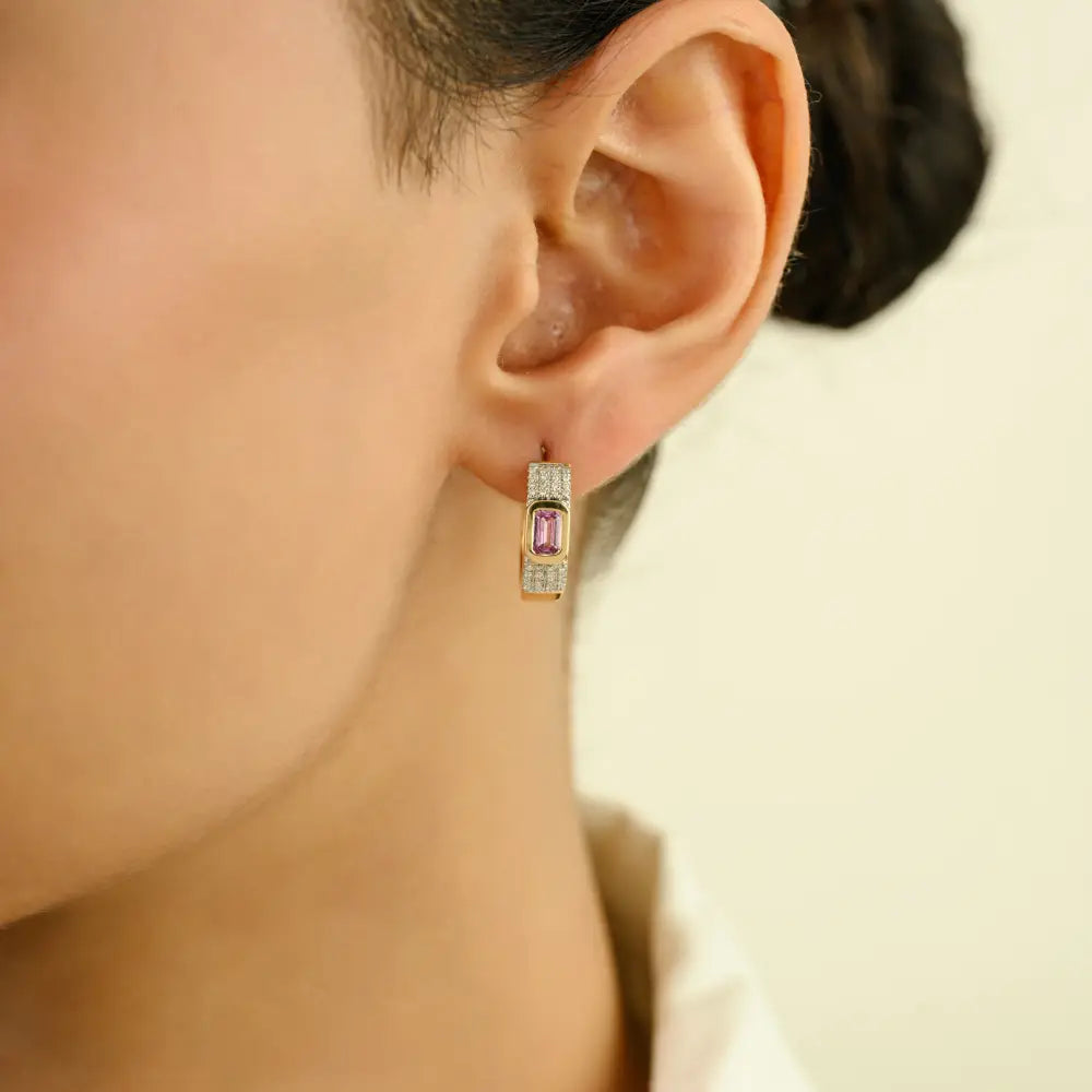 Pink Sapphire & Diamond 14K Yellow Gold Fine Hoop Earrings Customized Gemstone Jewelry