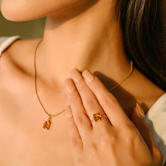 3 Pcs Jewelry Set Citrine & Diamond Ring Earrings & Pendant Prong Setting Wholesale Price