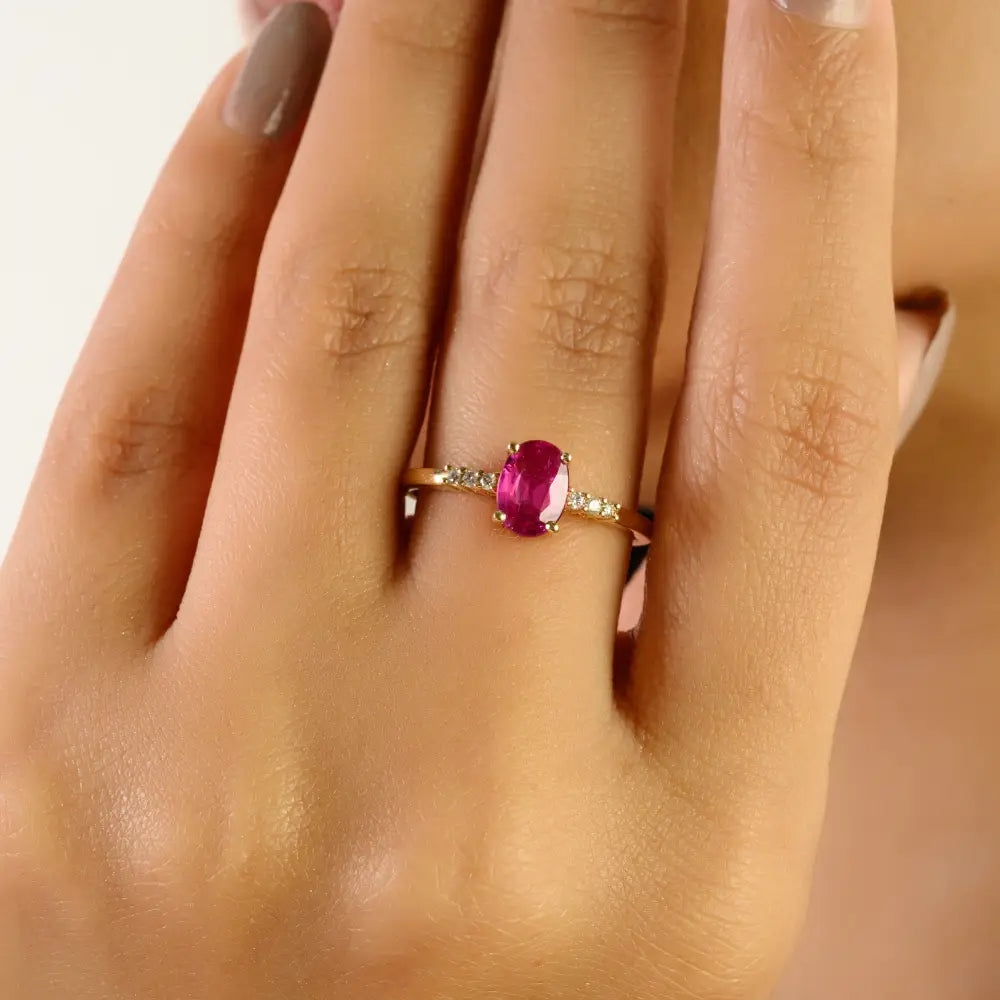 Oval Shape Ruby & Round Cut Diamond Simple Design Engagement Ring 14K Yellow Gold